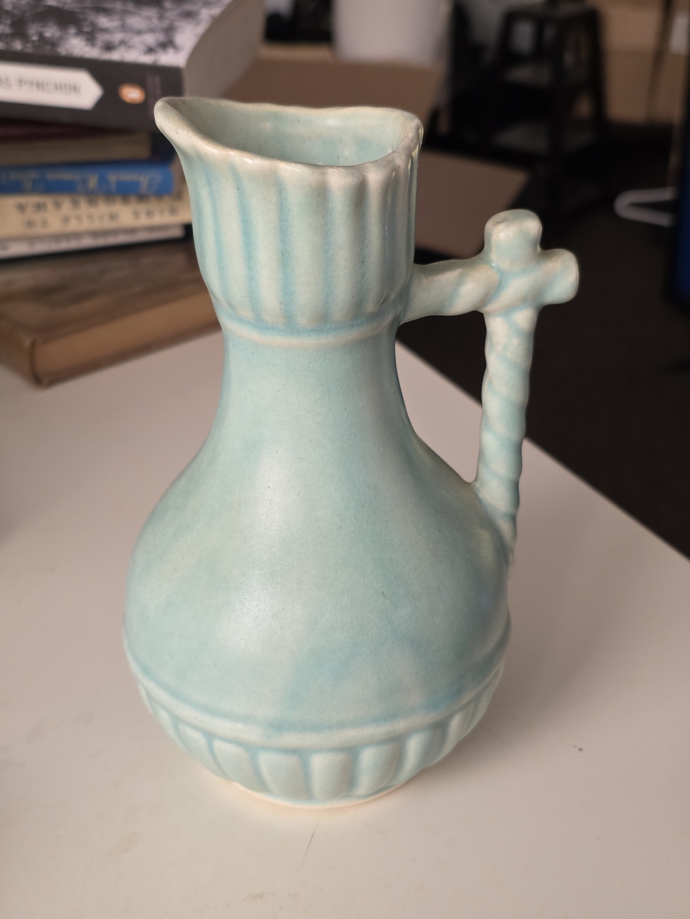 McCoy Pottery Aqua Ceramic Pitcher Vase with Twisted Handle